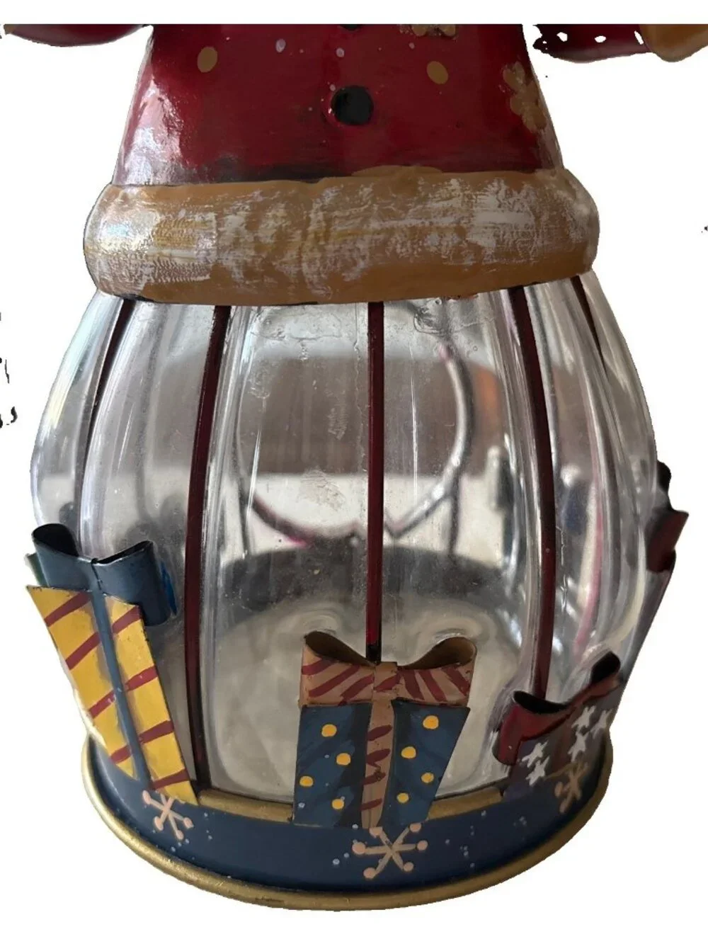 Santa Claus Vintage Glass and Metal Christmas Tea Light Holder-10”